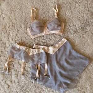 What Katie Did Sheer Satin-Trim Lingerie Set in Soft Periwinkle & Cream 34DD/US8